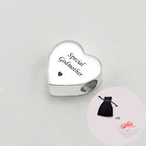 Engraved Special Godmother Bead for Snake chains. Heart Charm Bead. Can be Personalised. European Style. Gift for Godmother.
