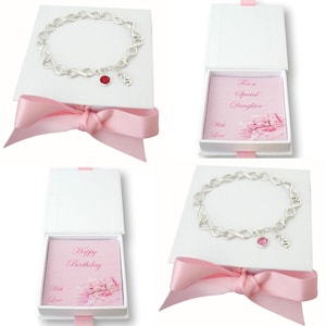Pulsera infinita de plata de ley con piedra de nacimiento, letra y caja de regalo especial para hija, mamá, ahijada, nieta, etc.