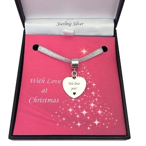 Weihnachten Anhänger / Charm mit Gravur, 925 Silber, in Weihnachtsgeschenk Box, passend für Pandora Ketten. Personalisierter 925 Silber Herz Charm Anhänger