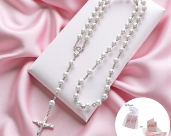Magnifique chapelet en perles blanches. Perles de verre de haute qualité. Catholique, Chrétienne, Cadeau pour la première communion, Confirmation, Filles, Femmes