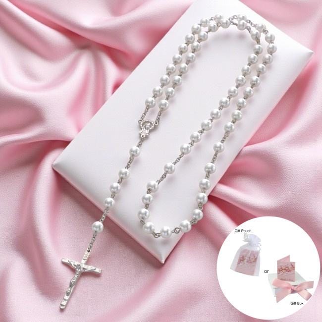 ROCEEI 50 Pcs Catholic Rosary Necklace 4 Mm Glass Beads Rosary Silver Rosary Favors Crucifix Prayer Rosaries With Faux Pearl With Heart Shaped Box And Organza Bag For First Communion Baptism White ROCEEI 50 Pcs Catholic Rosary Necklace 4 Mm Glass Beads Rosary Silver Rosary Favors Crucifix Prayer Rosaries With Faux Pearl With Heart Shaped Box And Organza Bag For First Communion Baptism White