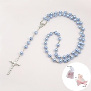 Pale Blue Pearl Rosary Beads. Prayer Beads. Rosaries. Christian, Catholic, First Communion, Confirmation Gift for Girls, Women, Boys