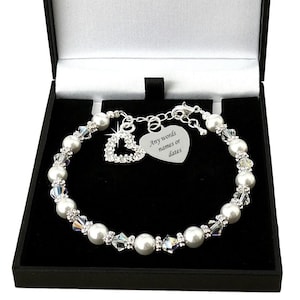 Pearl Bracelet for Bridesmaid, Flower Girl, Maid of Honour. Personalised with Engraving of your Choice.