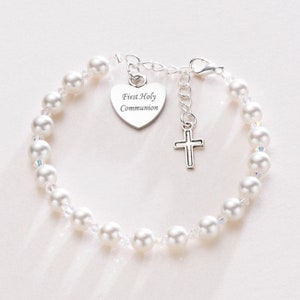 First Holy Communion Pearl Bracelet, Personalised with Engraving. Cross Charm for Girls