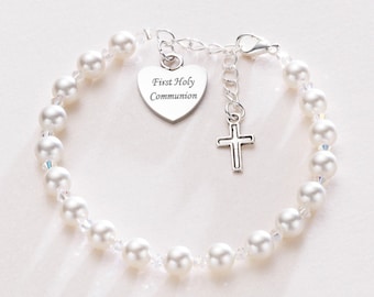 Engraved First Holy Communion Bracelet with Cross Charm for Girls