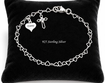 Engraved .925 Silver Hearts Bracelet, Cross Charm, Gift for a Girl on her First Holy Communion Day, Christening, Baptism, Confirmation