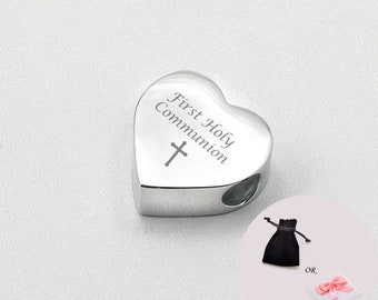 Personalised Heart Charm Bead for First Holy Communion. Any Engraving.