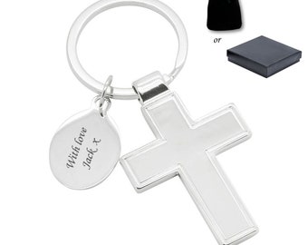 Personalised Large Cross Keyring with Engraving. Personalised Christian Gift.