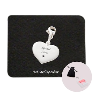 Charm especial para sobrina, plata de ley 925, regalo personalizado, charm de corazón grabado con cierre de langosta. Regalo para sobrina.