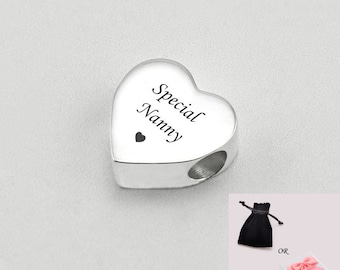 Engraved Special Nanny Charm Bead for Snake chains. Heart Charm. Gift for Nanny. Can be Personalised. European.