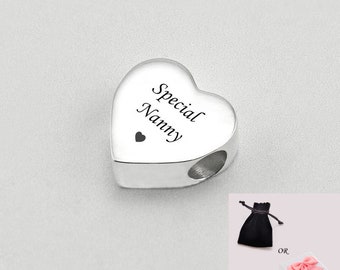 Engraved Special Nanny Charm Bead for Snake chains. Heart Charm. Gift for Nanny. Can be Personalised. European.