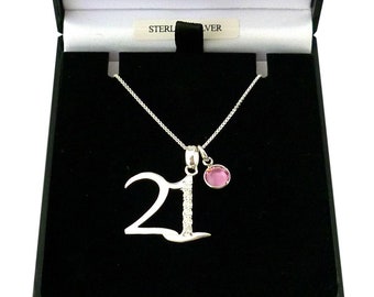 21st Birthday Necklace with Birthstone Charm, Sterling Silver, Gift for Age 21