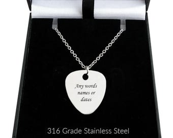 Personalised, Engraved, Plectrum Necklace, Guitar Pick on a Stainless Steel Chain