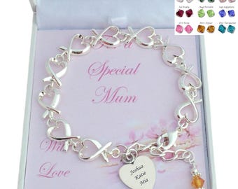 Personalised Engraved Bracelet with Heart Links and Birthstone. Gift for Mum, Sister, Daughter etc