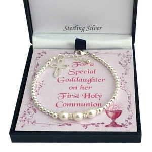 Bracelet pour première communion avec perles en argent sterling et carte de perles pour soeur, fille, filleule, nièce, petite-fille, etc.