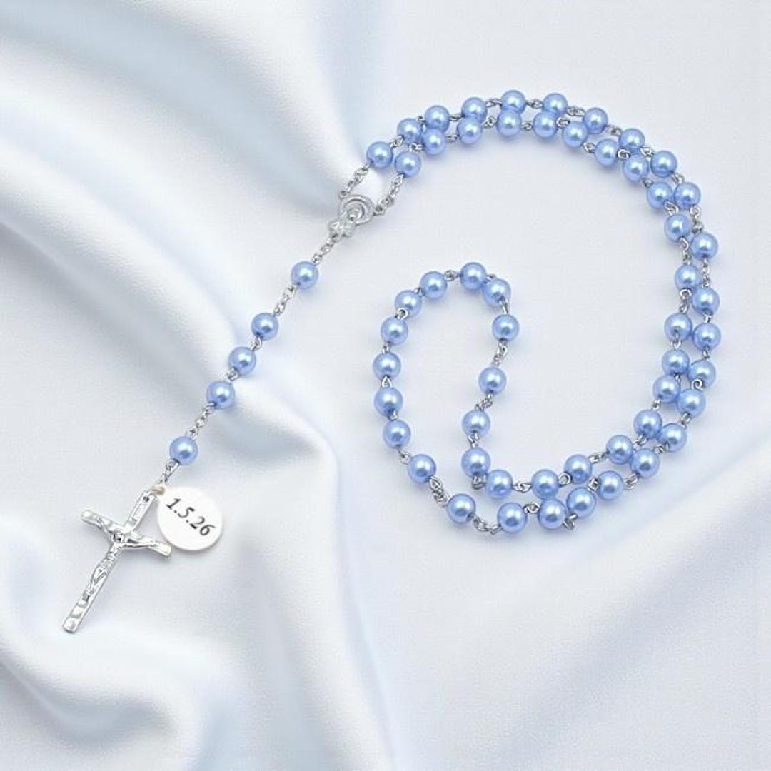 Pearl Rosary With Pale Blue Beads Personalised With Engraved  display picture 3