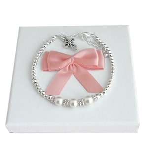 First Holy Communion Bracelet with Three White Pearls. Gift for a Girl with Pretty Cross Charm, in a Gift Box.