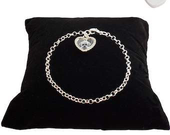 925 Sterling Silver Bracelet, Personalised with Photo Charm, Engraved Gift, Rolo Chain