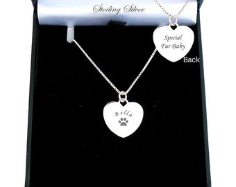 Engraved Silver Paw Heart Necklace for Cat or Dog Lover, Pet Loss or Sympathy Gift