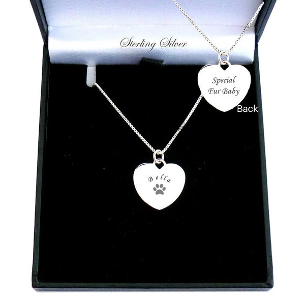 Engraved Silver Paw Heart Necklace for Cat or Dog Lover, Pet Loss or Sympathy Gift