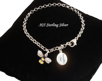 Personalised, .925 Sterling Silver Chain Bracelet with Bee Charm, Any Engraving, Gift Boxed