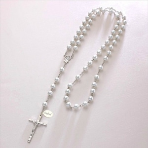 White Pearl Rosary, Personalised with an Engraved Tag. First Holy Communion Day Gift. Christian, Catholic, Religious, Prayer Beads.