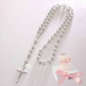 White Pearl Rosary Beads Personalised with Engraved Tag, in Gift Box.