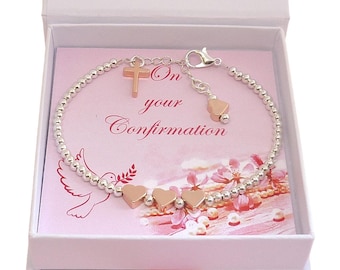 Confirmation Bracelet with Rose Gold Cross. Confirmation Gift for a Girl, Rose Gold and Silver Beads.