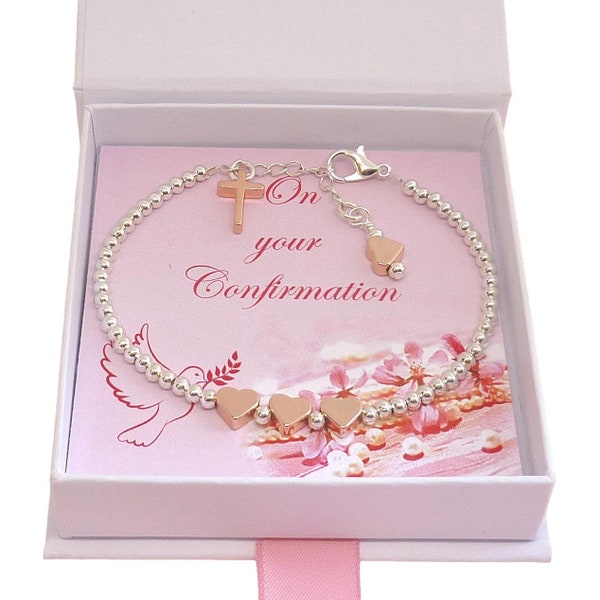 Bracelet de confirmation avec croix en or rose. Cadeau de confirmation pour une fille, perles en or rose et argent.
