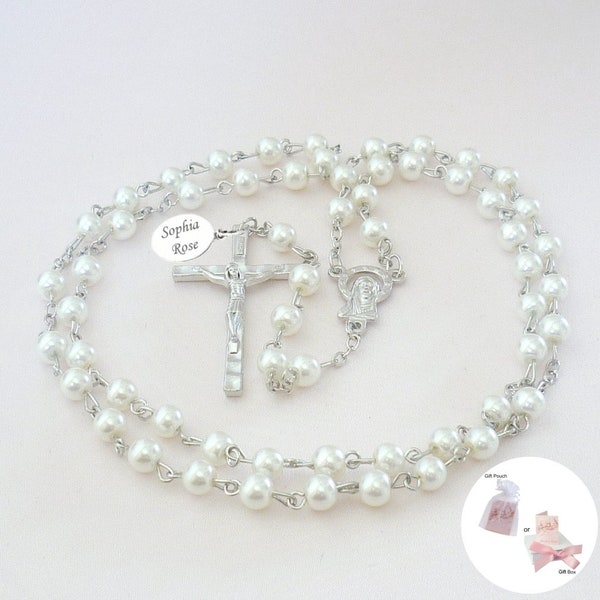 Personalised White Pearl Rosary for Child with Smaller Beads. Engraved Tag. First Holy Communion Day Gift. Catholic, Christian, Religious.