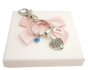 Tree of Life Keyring, Bag Charm with Birthstone and Letter Charm. Key Chain In Gift Box.