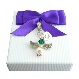 Birthstone Angel Charm with Any Engraving on Sterling Silver Tag.