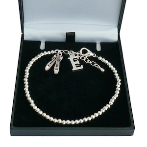 Silver Bead Bracelet with Letter Charm and Ballet Slippers Charm, Sizes for both Women & Girls. Gift for Ballet Lover, Ballerina.