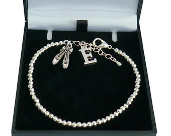 Silver Bead Bracelet with Letter Charm and Ballet Slippers Charm, Sizes for both Women & Girls. Gift for Ballet Lover, Ballerina.