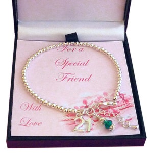Cadeau de 21e anniversaire, bracelet de pierre de naissance avec 21 breloques et carte pour soeur, ami, etc.