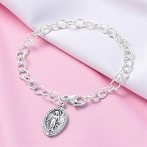 Sterling Silver Miraculous Medal Charm Bracelet First Holy Communion. Virgin Mary Charm. 925 Silver in Gift Box. Catholic, Christian Gift.