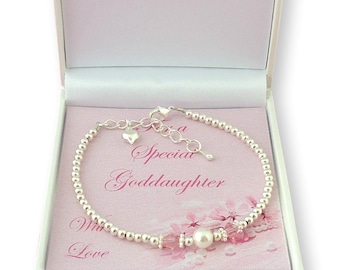 Beau bracelet avec pierre de naissance à une seule perle, dans un coffret cadeau pour filleule, fille, petite-fille, soeur, maman, ami, nièce, demoiselle d'honneur, etc.