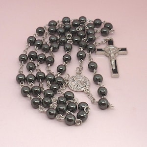 Stunning Hematite Rosary Beads with a Saint Benedict Centrepiece and a Crucifix Cross, Black, Grey, Silver