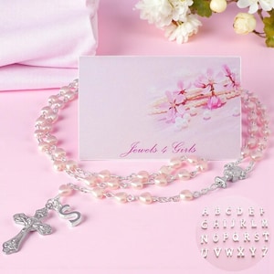 Personalised Rosary Beads for Girls Made with Any Letter / Initial Charm, Pretty Heart Shaped Pink Beads for Daughter, Niece, Goddaughter...
