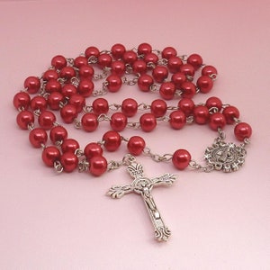 Beautiful Red Pearl Rosary with a Sparkling St. Benedict Centrepiece and Crucifix Cross