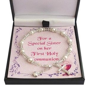 Bracelet de perles pour première communion, coffret cadeau avec un choix de carte pour fille, filleule, petite-fille, sœur, fille spéciale, etc....