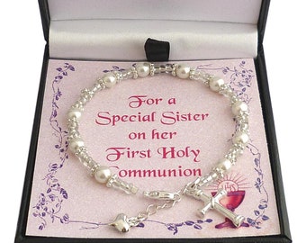 Bracelet de perles pour première communion, coffret cadeau avec un choix de carte pour fille, filleule, petite-fille, sœur, fille spéciale, etc....