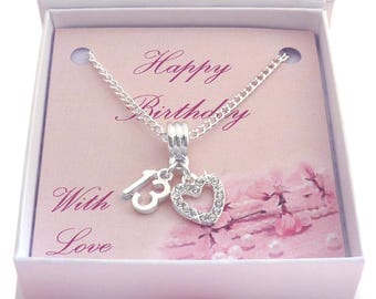 13 Jahre Geburtstag Halskette Geschenk für 13 Jahre, Silber und Kristall 13 Anhänger auf Karte in Geschenk-Box für Tochter, Schwester, Nichte, Enkelin, Freundin