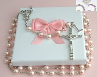 Pearl Rosary Beads with Letter Charm Gift Boxed for Girls. Personalised Rosaries.