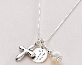 Sterling Silver First Holy Communion Necklace with Cross Freshwater Pearl and Engraved Tag.