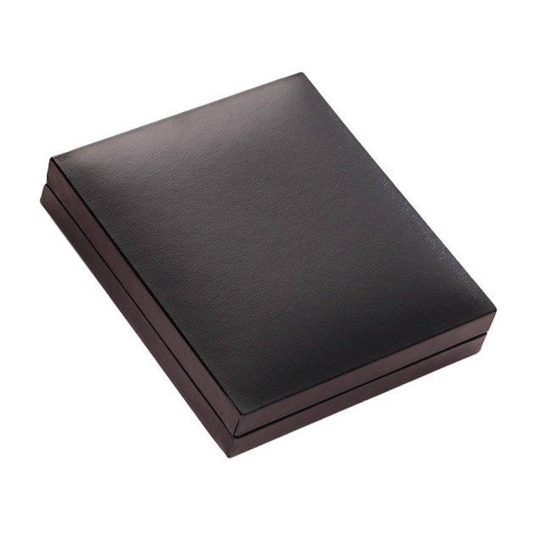 May include: A rectangular, closed storage box with a smooth, dark brown, leather-like exterior finish. The box features a clean, structured design with sharp edges and a hinged lid that sits flush against the base, creating a solid, uniform appearance.