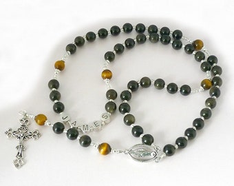 Personalised Rosary Beads with Name, Golden Black Obsidian for Boy or Unisex