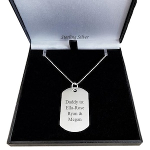Collar con placa de identificación grabada en plata de ley, personalizado para hombre y niño. Placa de identificación grande. Regalo para papá, hermano, tío, abuelo o nieto.