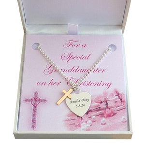 Croix en or rose avec collier coeur gravé personnalisé Cadeau de baptême avec porte-cartes pour filleule, fille, petite-fille, etc.
