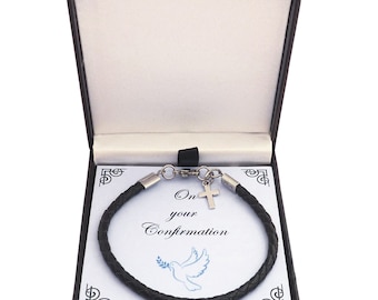 Boys Leather Bracelet with Cross, Confirmation Gift for a Boy, Christian, Gift Boxed for a Confirmation
